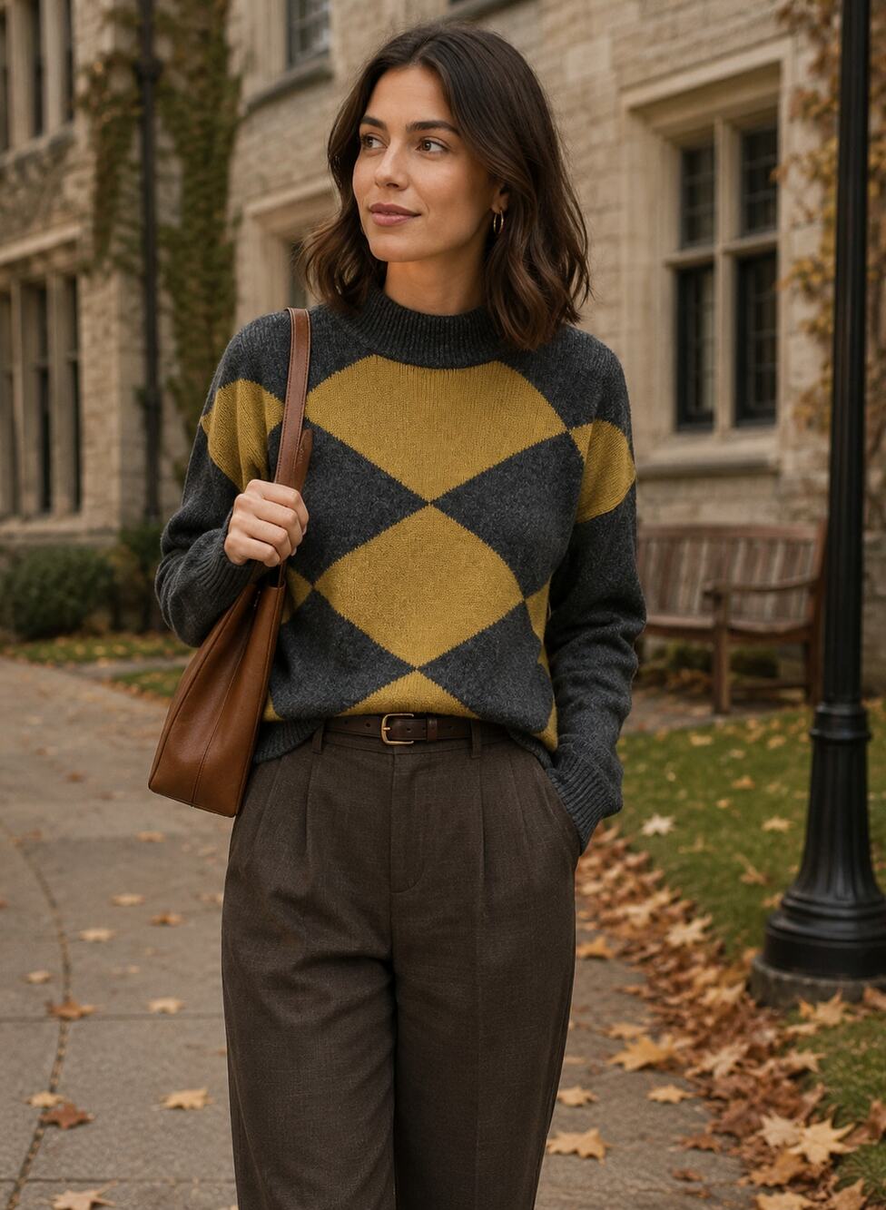 Maison Cashmere Sweater M Gray Mustard Yellow Mock Neck Turtleneck Academia Prep